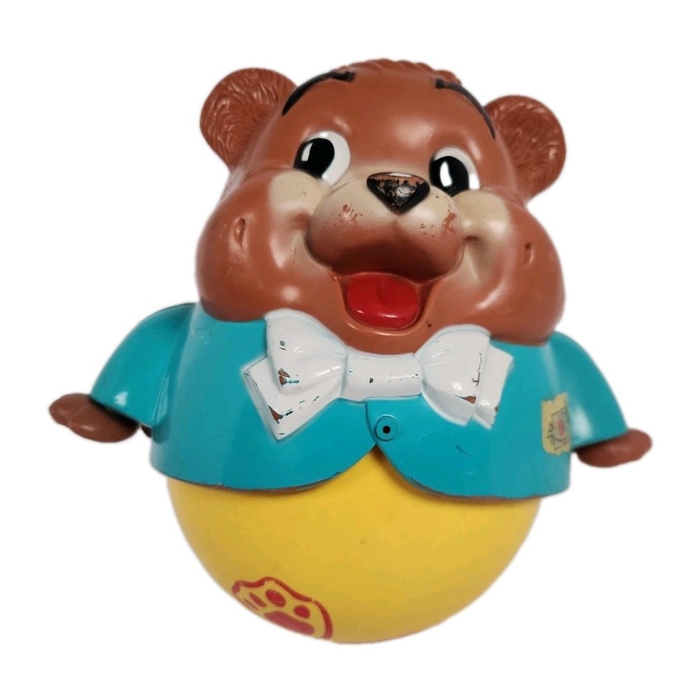 Vintage 1969 Fisher Price Chubby Cub Bear 164 Roll Along Roly Poly Chime Pulltoy